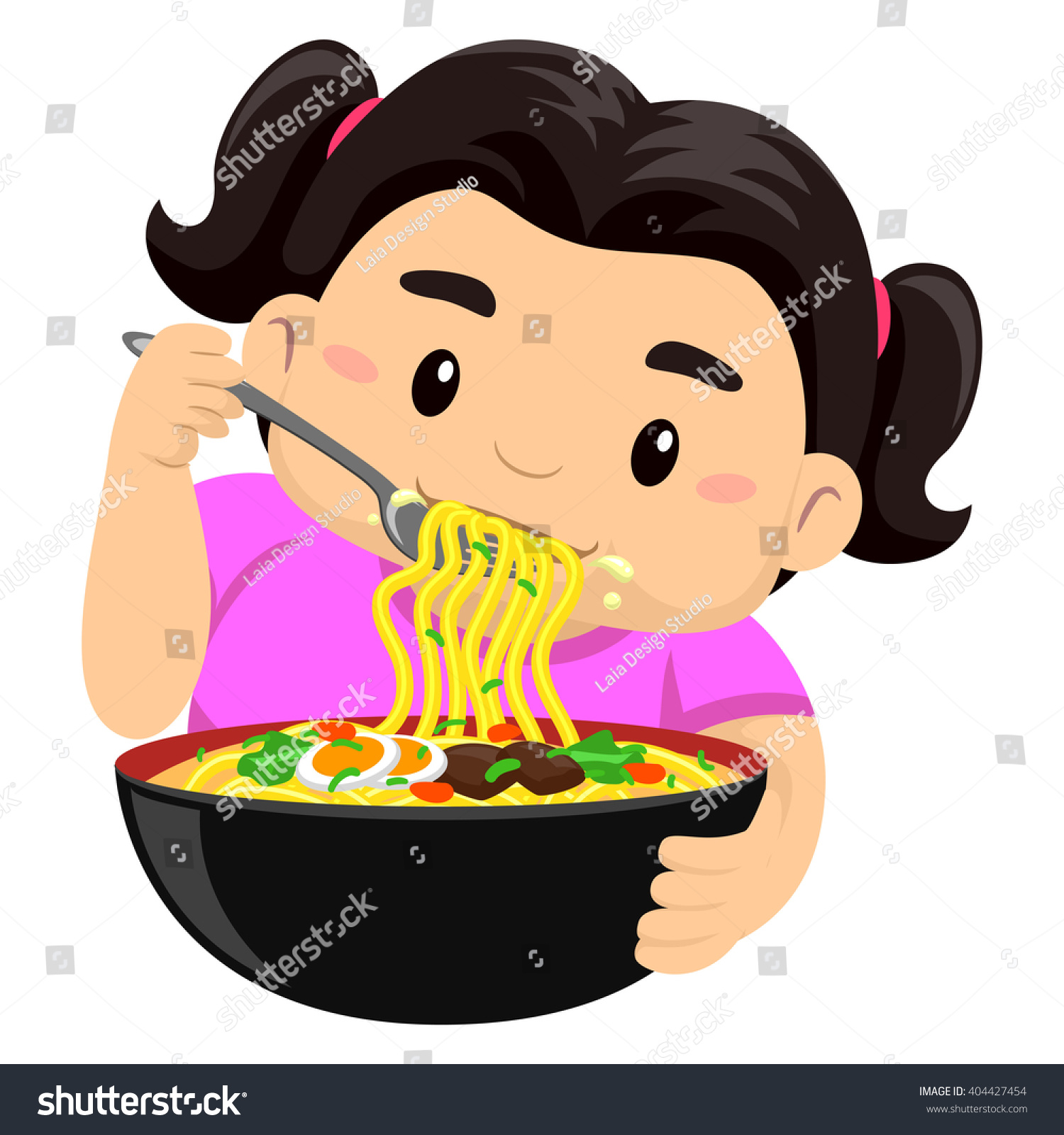 フォークを使って麺を食べる少女のベクターイラスト のベクター画像素材 ロイヤリティフリー