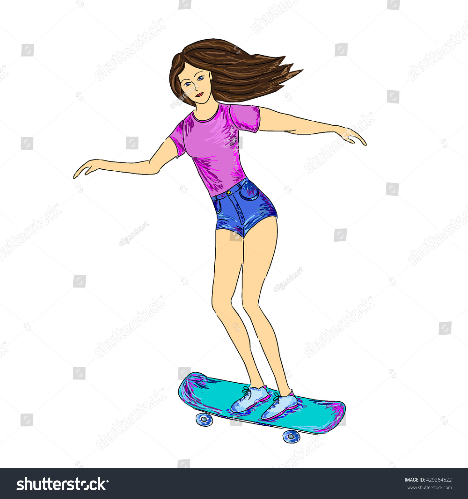 Vector Illustration Girl On Skateboard Template vector de stock libre de regalías