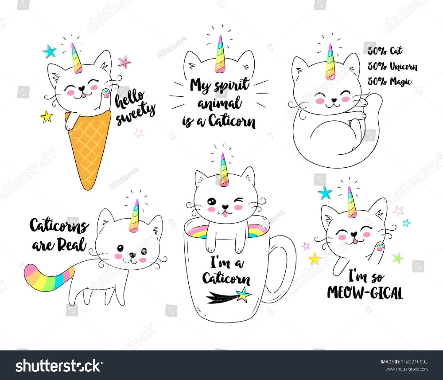 SVG of Vector illustration of a little cute white cat unicorn or caticorn . Can be used as greeting card, sticker, kids t-shirt design, print or poster svg