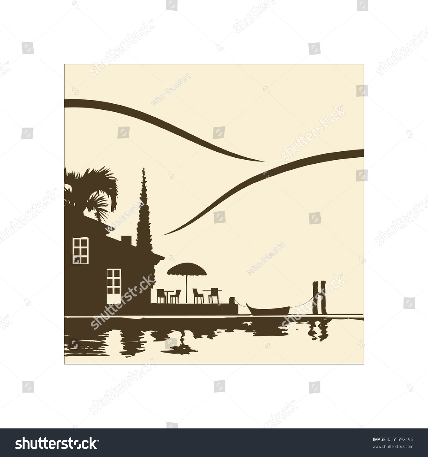 SVG of vector Illustration of a nice restaurant by the lake with a mountain landscape in the background svg