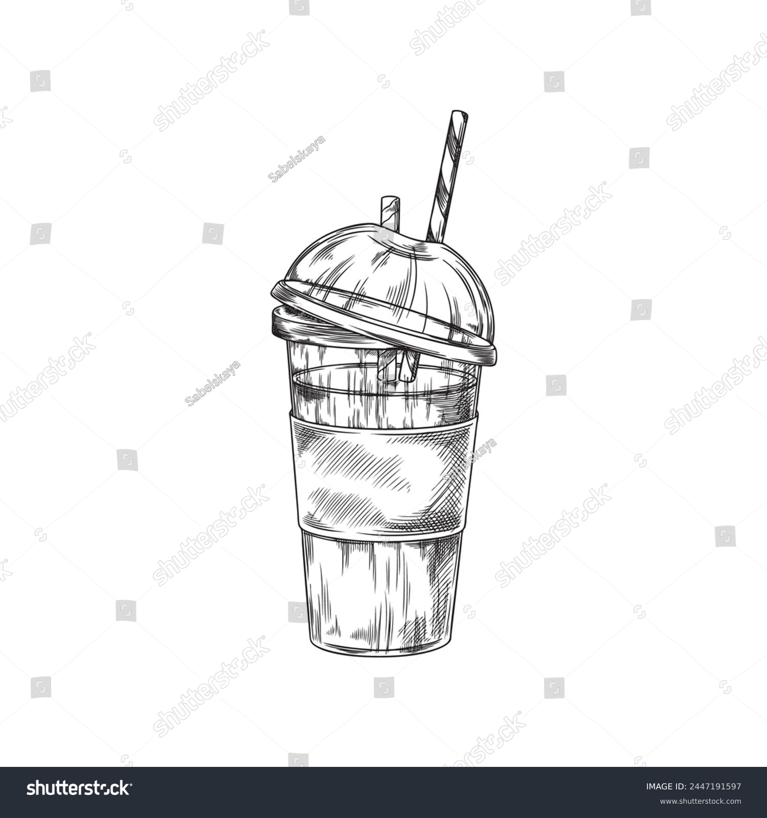 SVG of Vector illustration of a plastic smoothie glass and a cocktail stick on an isolated background in black and white style. Fresh drink for a healthy lifestyle, diet on hand drawn. svg