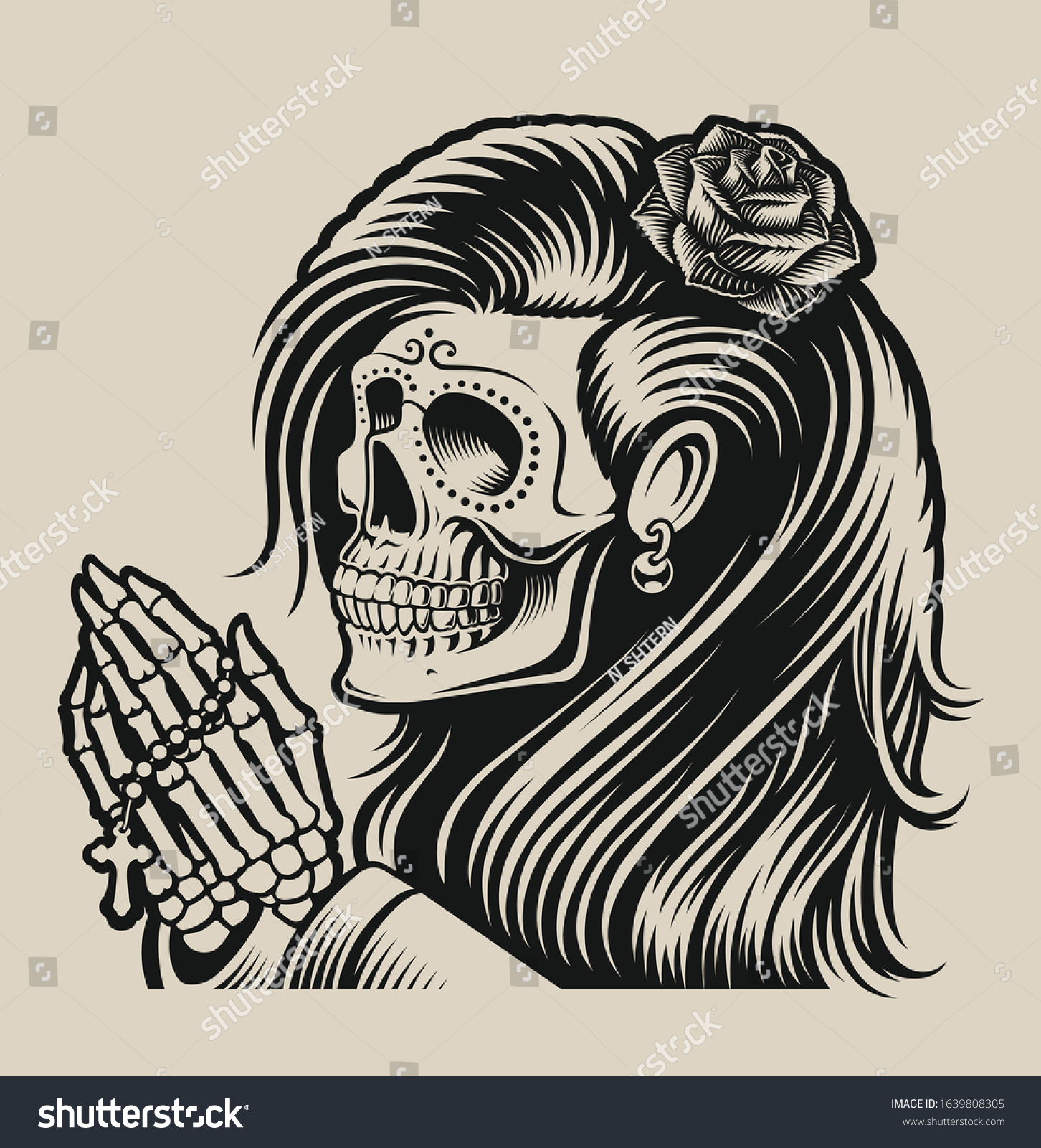 Vector Illustration Praying Skeleton Tattoo Style Stock Vector (Royalty