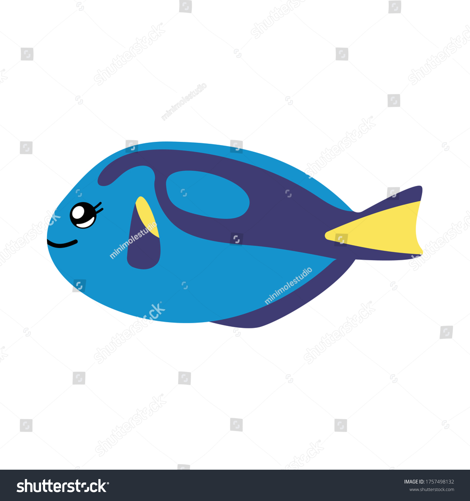 SVG of Vector illustration of a regal tang fish with a cute face. Simple, flat kawaii style. svg