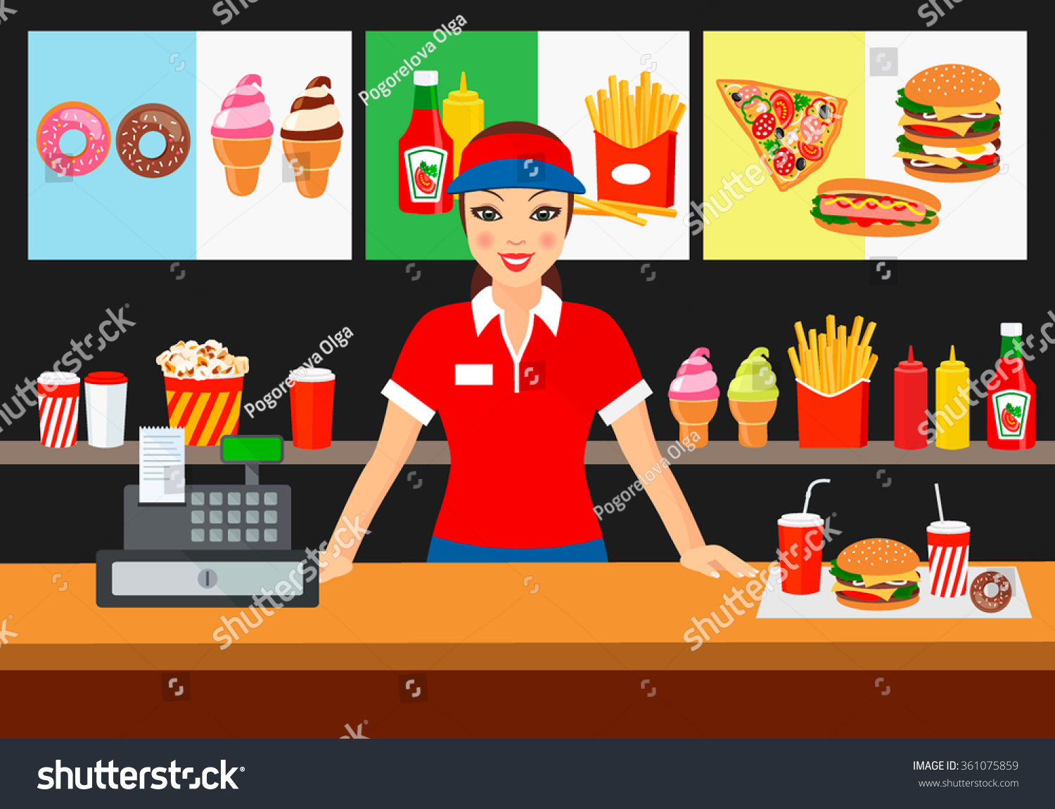 Vector Illustration Of A Salesman In A Fast Food Restaurant, Smiling ...