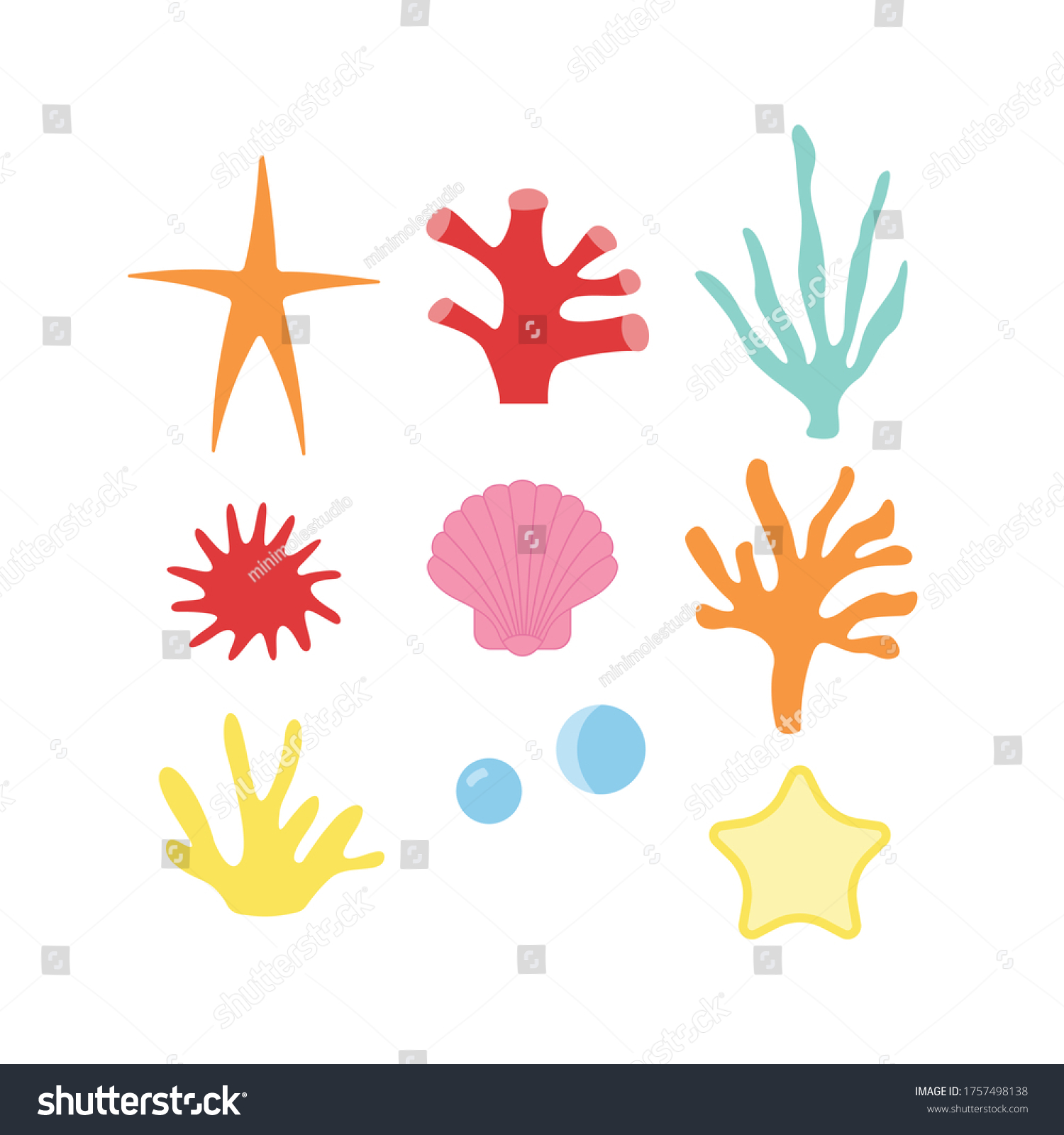 SVG of Vector illustration of a set of various corals and starfish Simple, flat kawaii style. svg