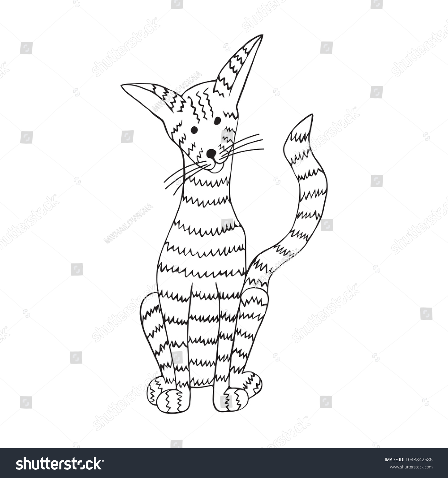 Vector Illustration Sitting Cat Stripes Blackwhite Stock Vector