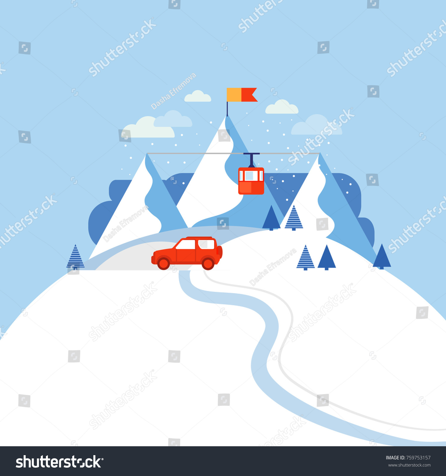 雪の多い山のベクターイラスト スキー山 スノーボードやスキーの冬の活動 雪の背景 山と風景 エレメントのコレクション 車 家 鋼索鉄道 木 のベクター画像素材 ロイヤリティフリー