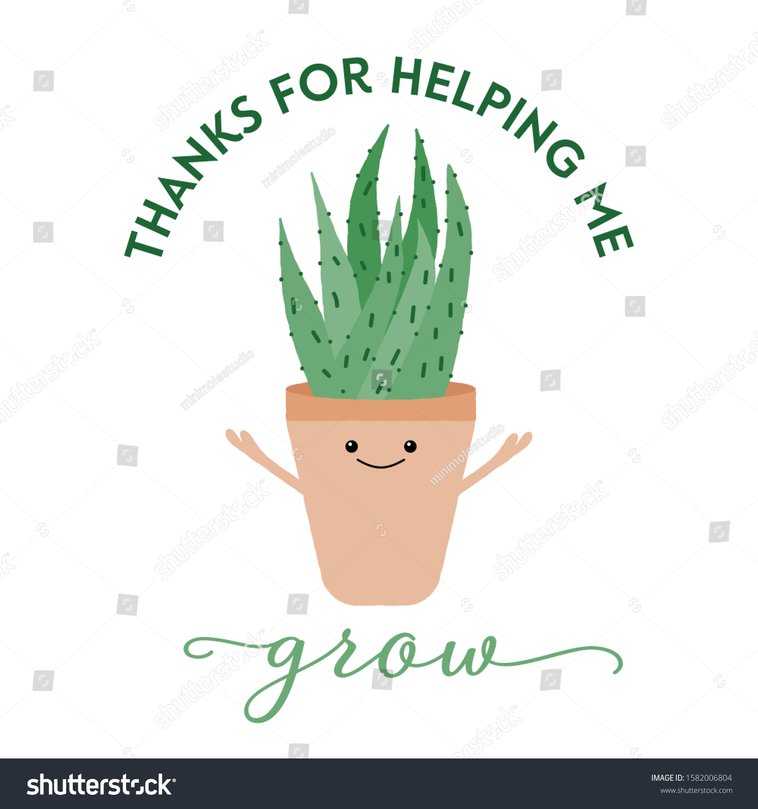 SVG of Vector illustration of a textured aloe vera with a cute face and typography. Thanks for helping me grow. Funny houseplant concept. svg
