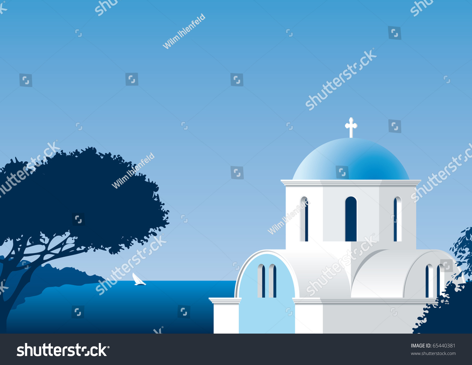 SVG of vector Illustration of a typical Greek church or chapel close to the Mediterranean sea svg