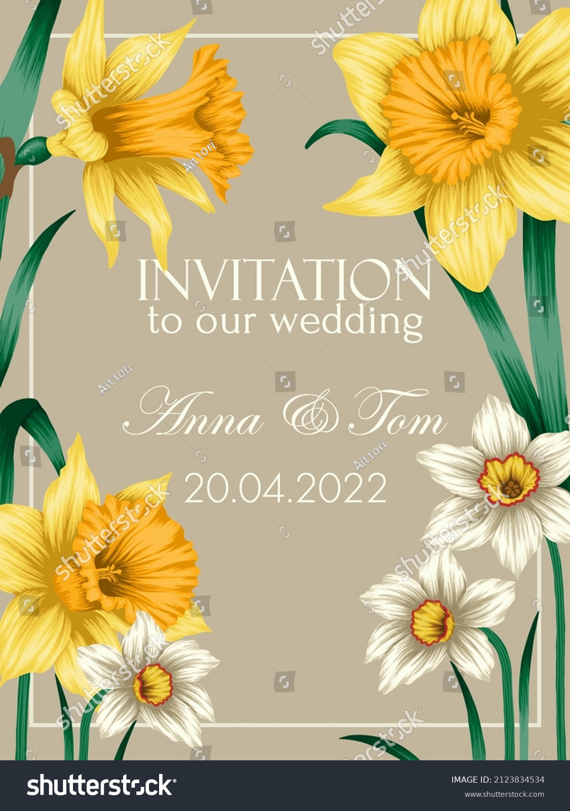 SVG of Vector illustration of a wedding invitation template with flowers daffodils svg