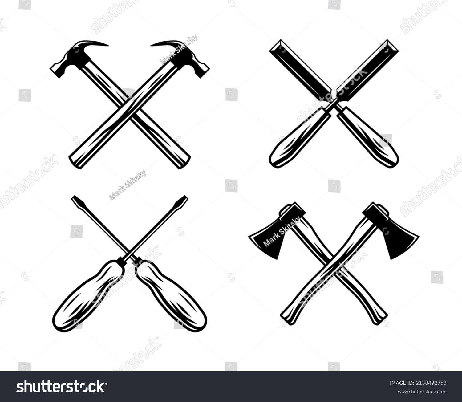 SVG of Vector illustration of a woodworking objects set: hammer, chisel, screwdriver, axe. Carpentry tools in hand drawn vintage engraving style svg