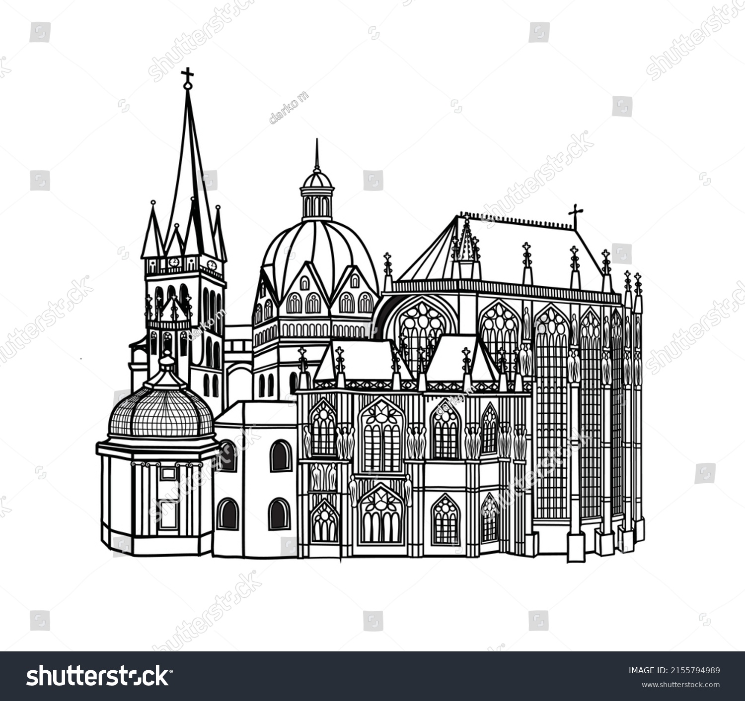 SVG of Vector illustration of Aachen Cathedral in black and white sketch style svg