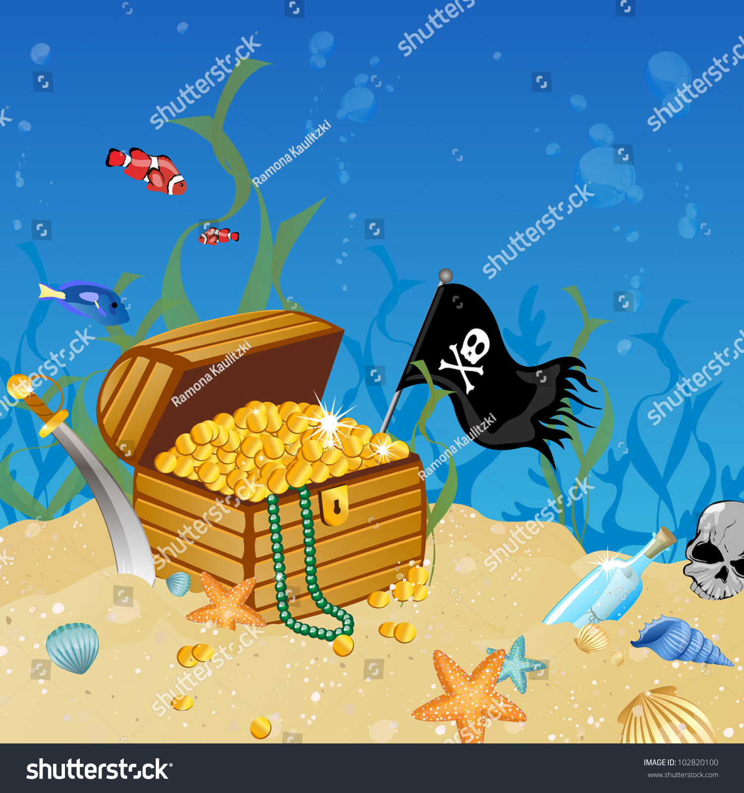 Vector Illustration Underwater Treasure Chest Stock Vector 102820100 ...
