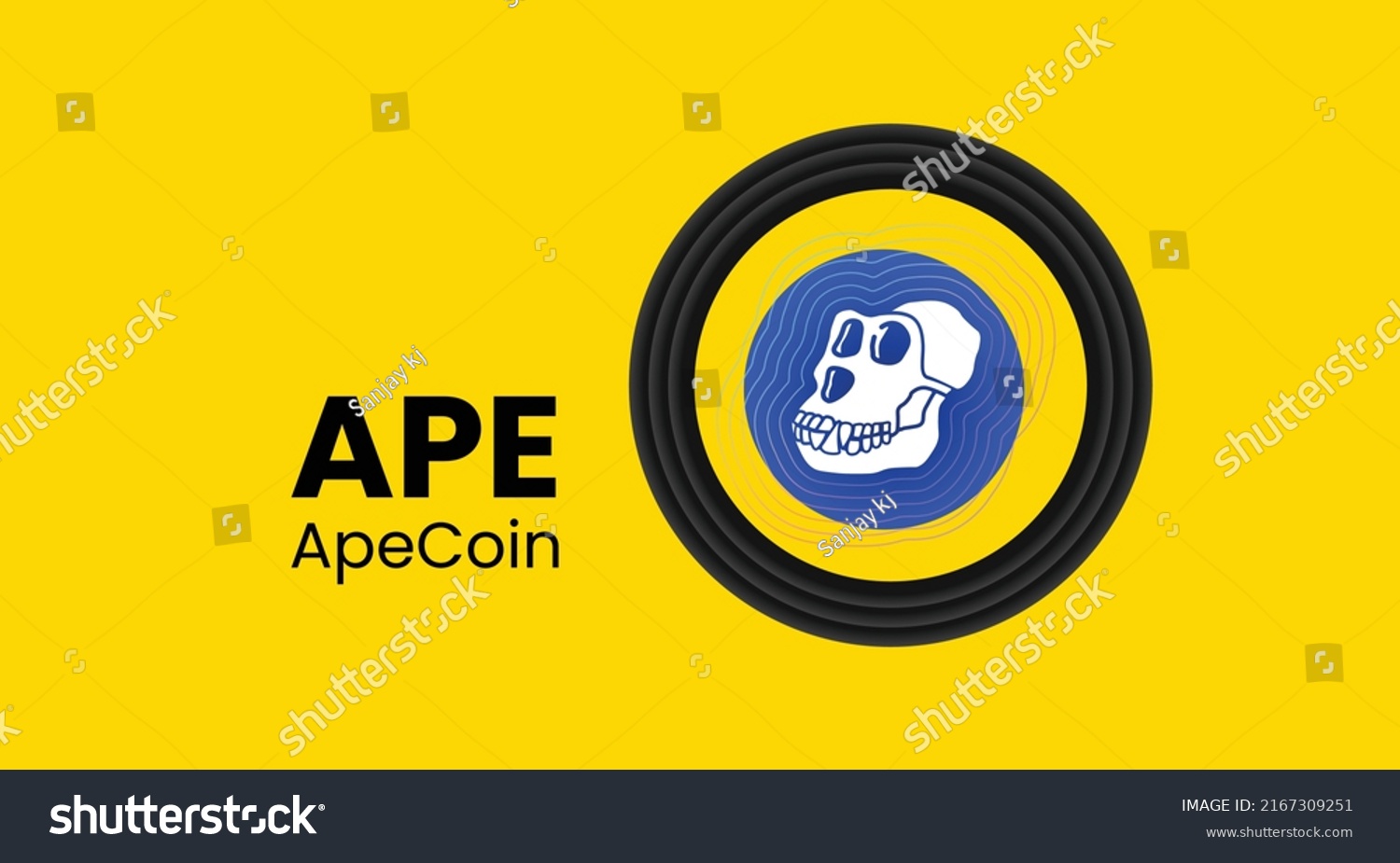 SVG of Vector illustration of Apecoin, APE crypto currency logo on yellow background with copy space. Apecoin, APE cryptocurrency token logo or symbol banner. svg