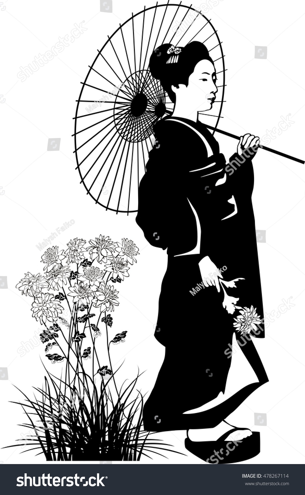 Vector Illustration Black White Geisha Kimono Stock Vector 478267114 ...