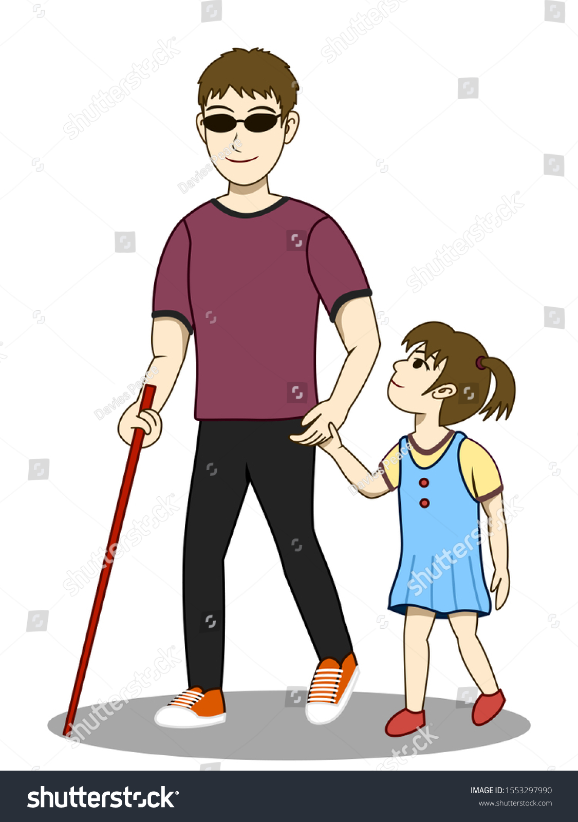 SVG of Vector illustration of Blind man and his daughter are walking together. His daughter take care and guide him. Both look happy. It's a lovely family image. svg
