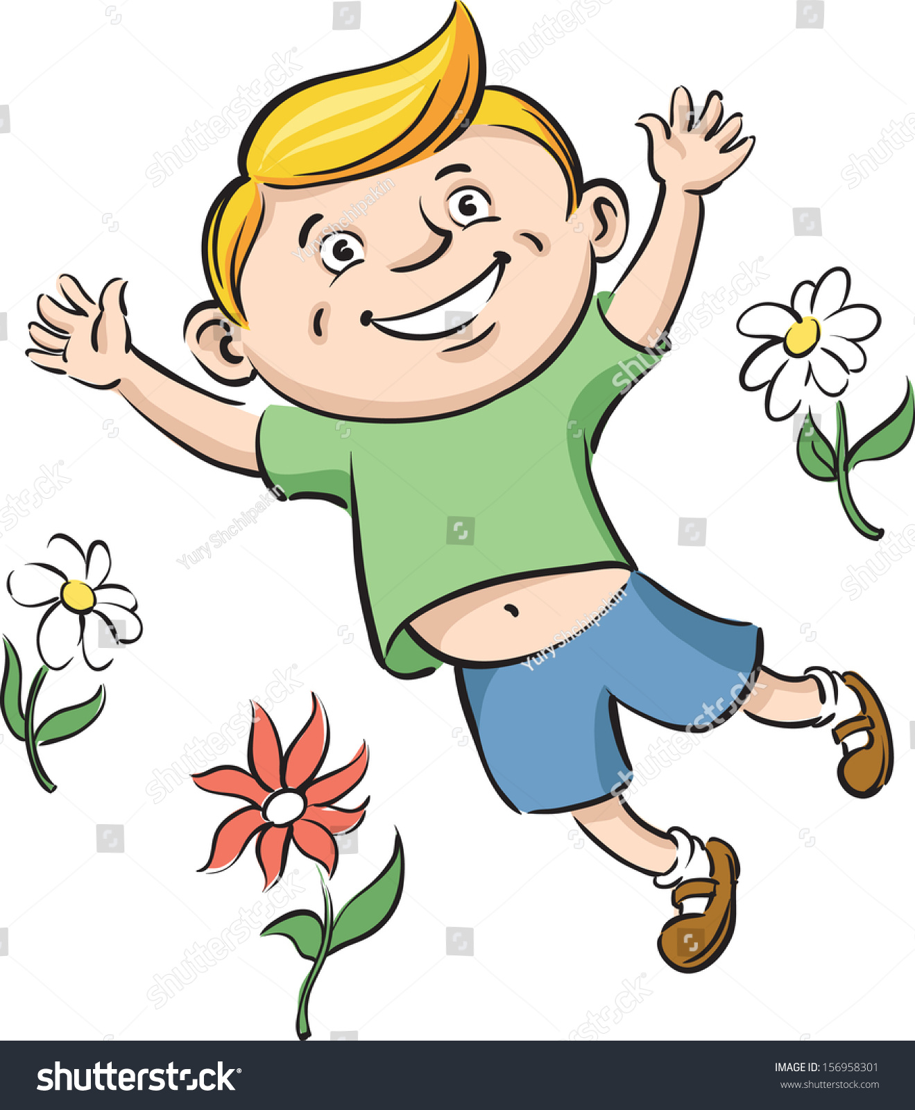 Vector Illustration Boy Jumping Flowers Easyedit Stock Vector (royalty 