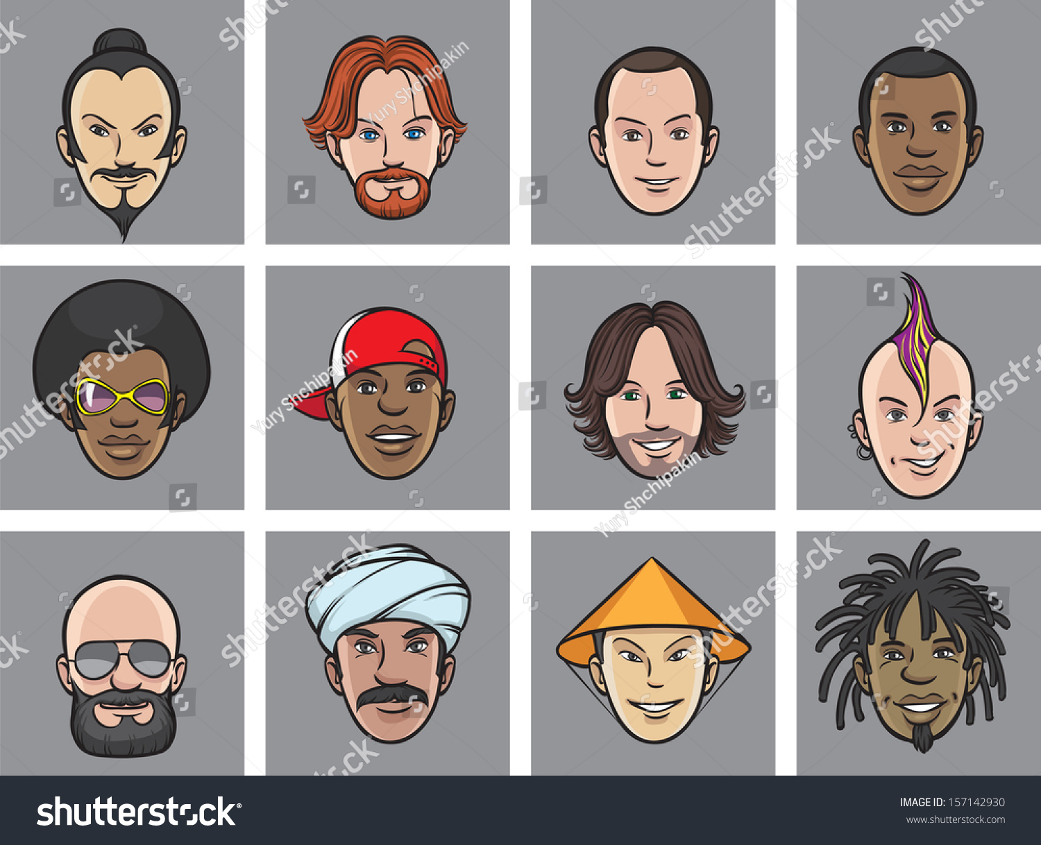SVG of Vector illustration of Cartoon avatar eccentric faces. Easy-edit layered vector EPS10 file scalable to any size without quality loss. High resolution raster JPG file is included. svg