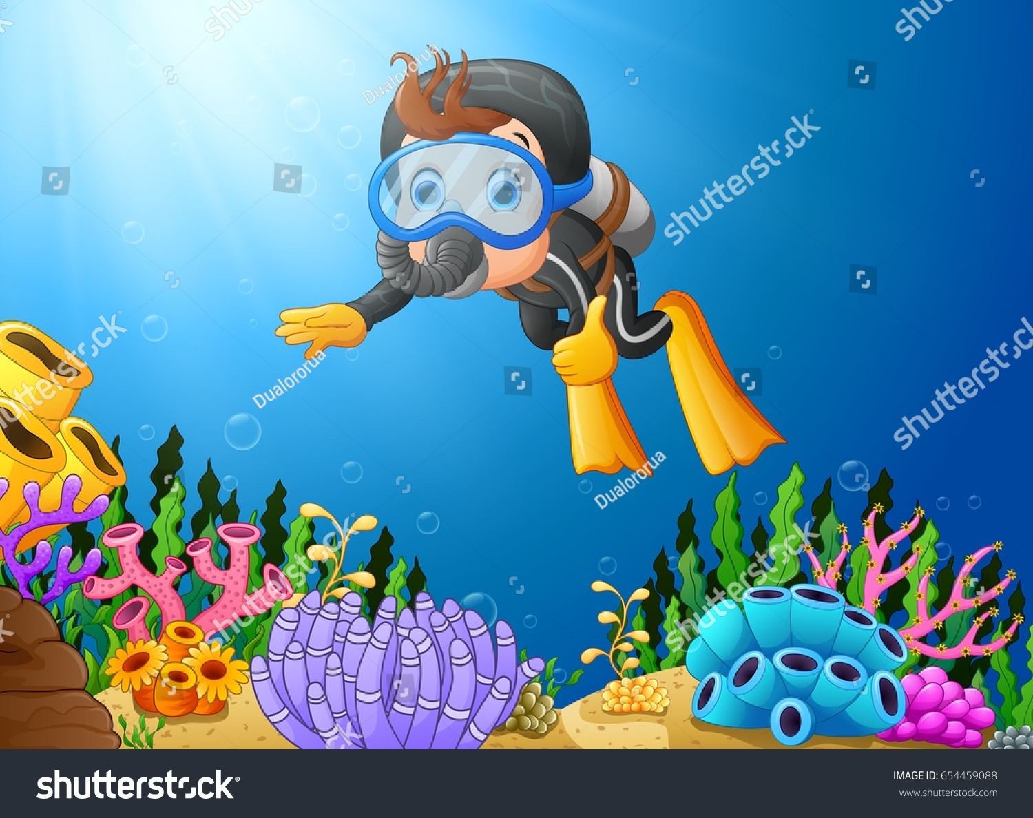 Vector Illustration Cartoon Boy Diving Sea Stock Vector (Royalty Free ...