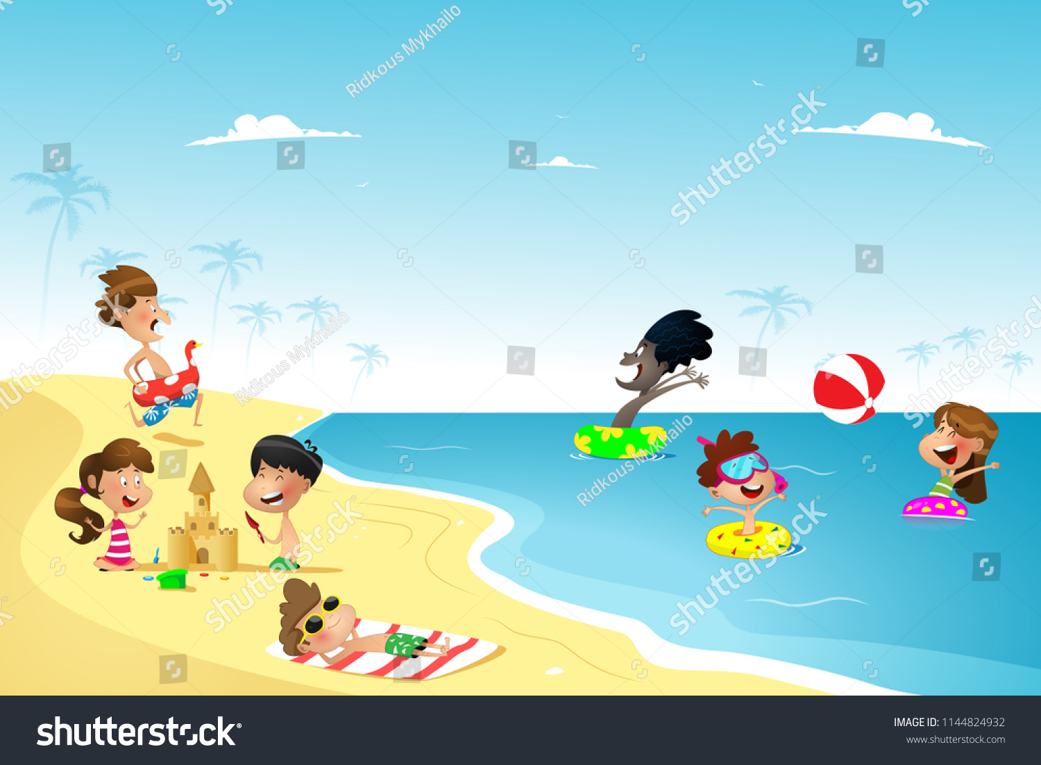 Vector Illustration Cartoon Kids Playing Beach Stock Vector (Royalty ...