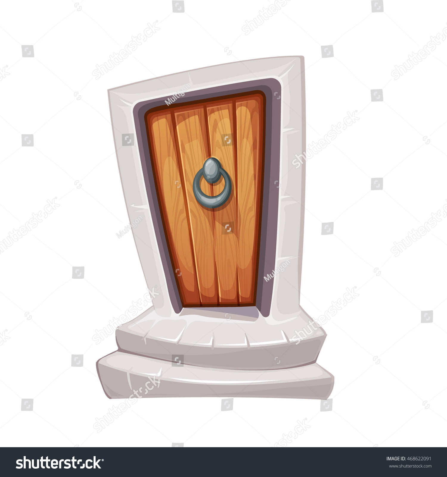 stock vector vector illustration of cartoon medieval entrance door with door knocker wood material porch with 468622091