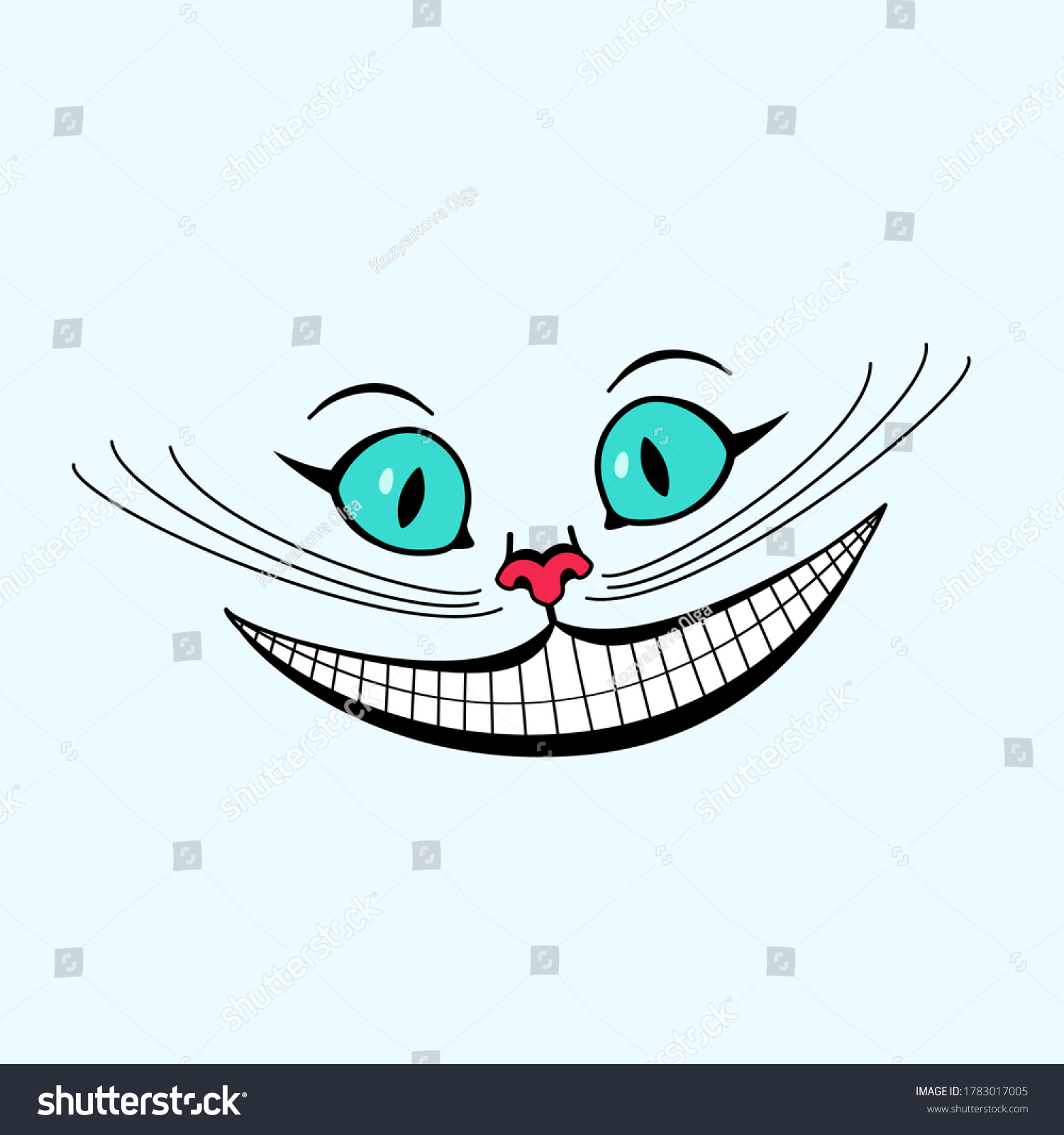 SVG of Vector illustration of cheshire cat.Alice in Wonderland. The face of the cat. The head of a cat with a big mustache. Cheshire cat smile. Flat.  svg