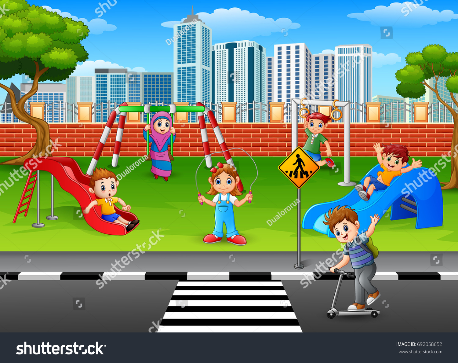 Vector Illustration Children Playing Playground Stock Vector (Royalty ...