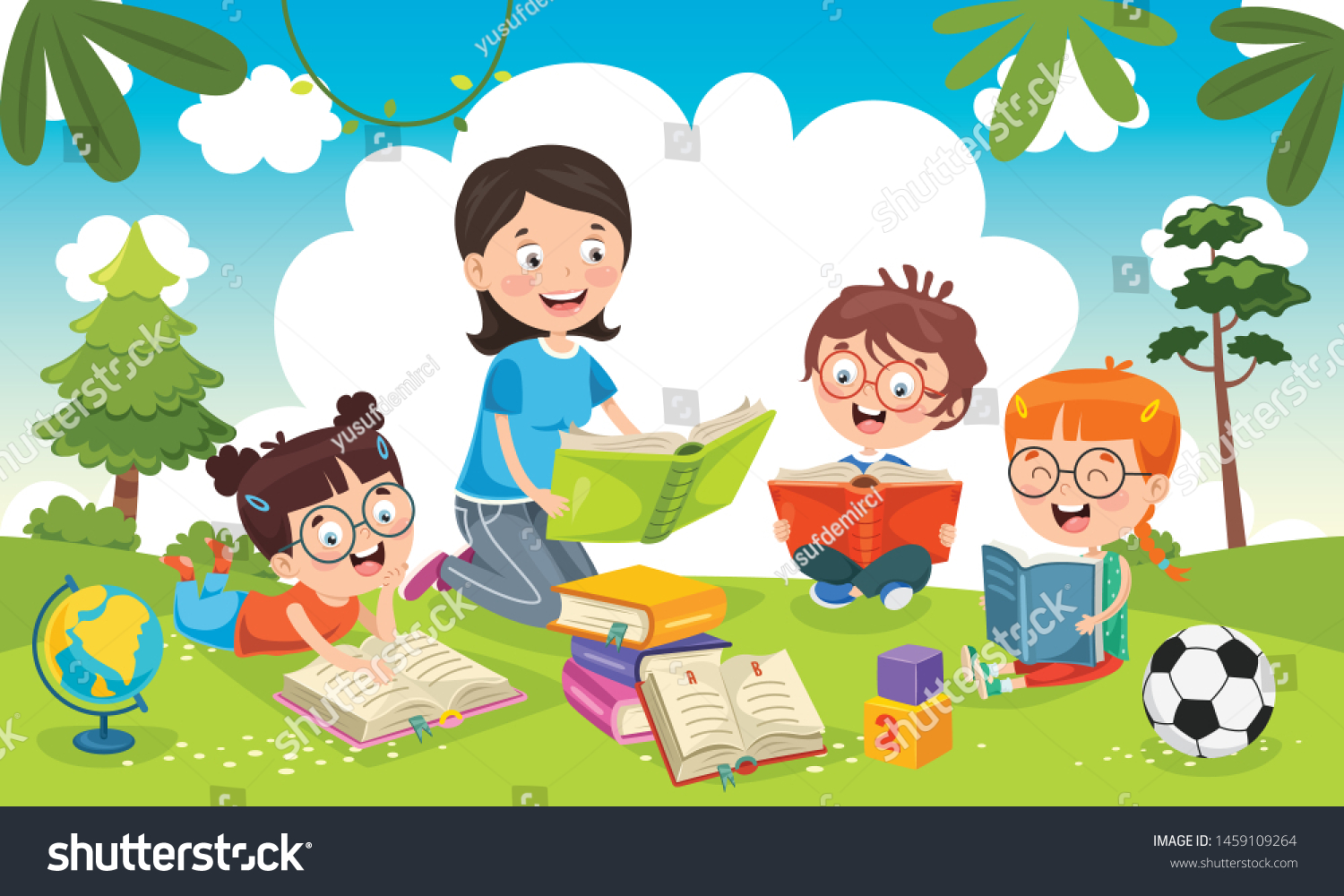 Vector Illustration Children Reading Book Garden Stock Vector (Royalty ...