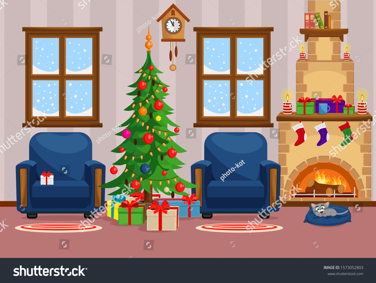 Download Vector Illustration Christmas Living Room Christmas Stock Vector Royalty Free 1573052803 PSD Mockup Templates