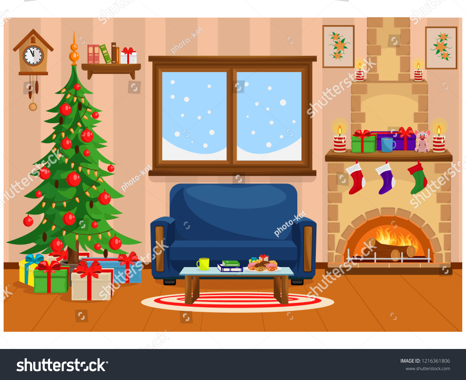 Download Vector Illustration Christmas Living Room Christmas Stock Vector Royalty Free 1216361806 PSD Mockup Templates