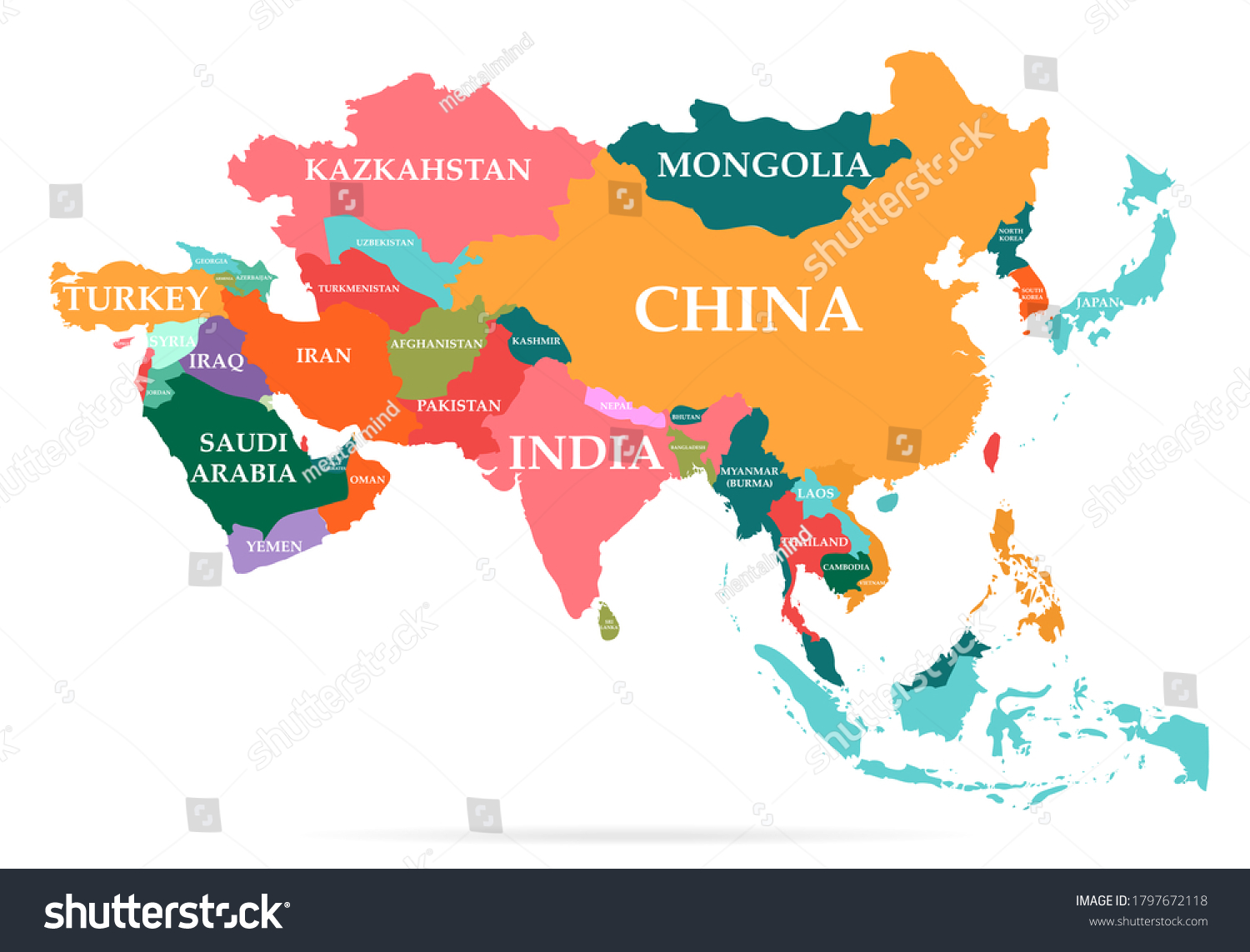 カラフルな地図のベクターイラスト 白い背景に国名と国境を持つアジア大陸 のベクター画像素材 ロイヤリティフリー