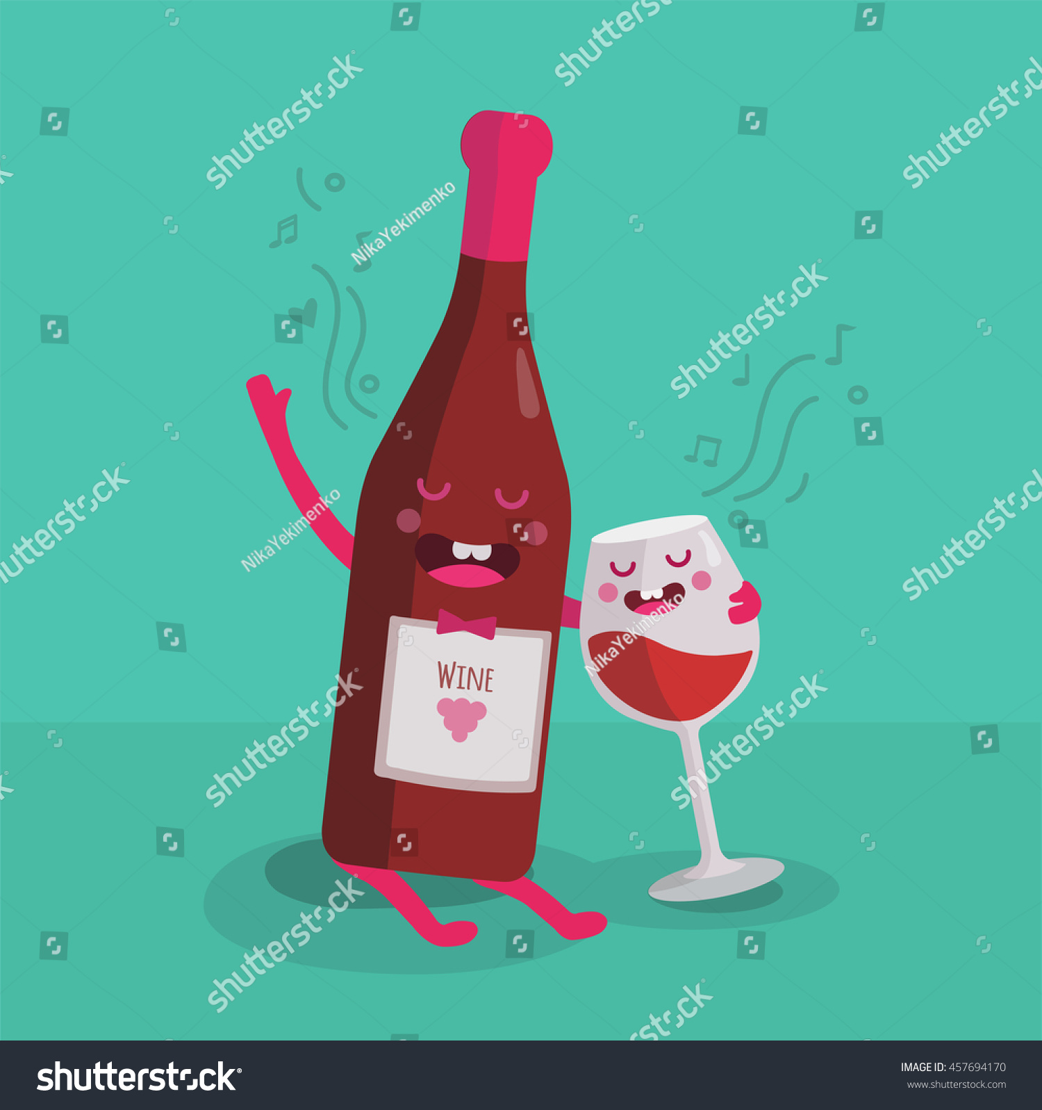Vector Illustration Of Comic Characters Bottle Of Wine And Glass Of ...