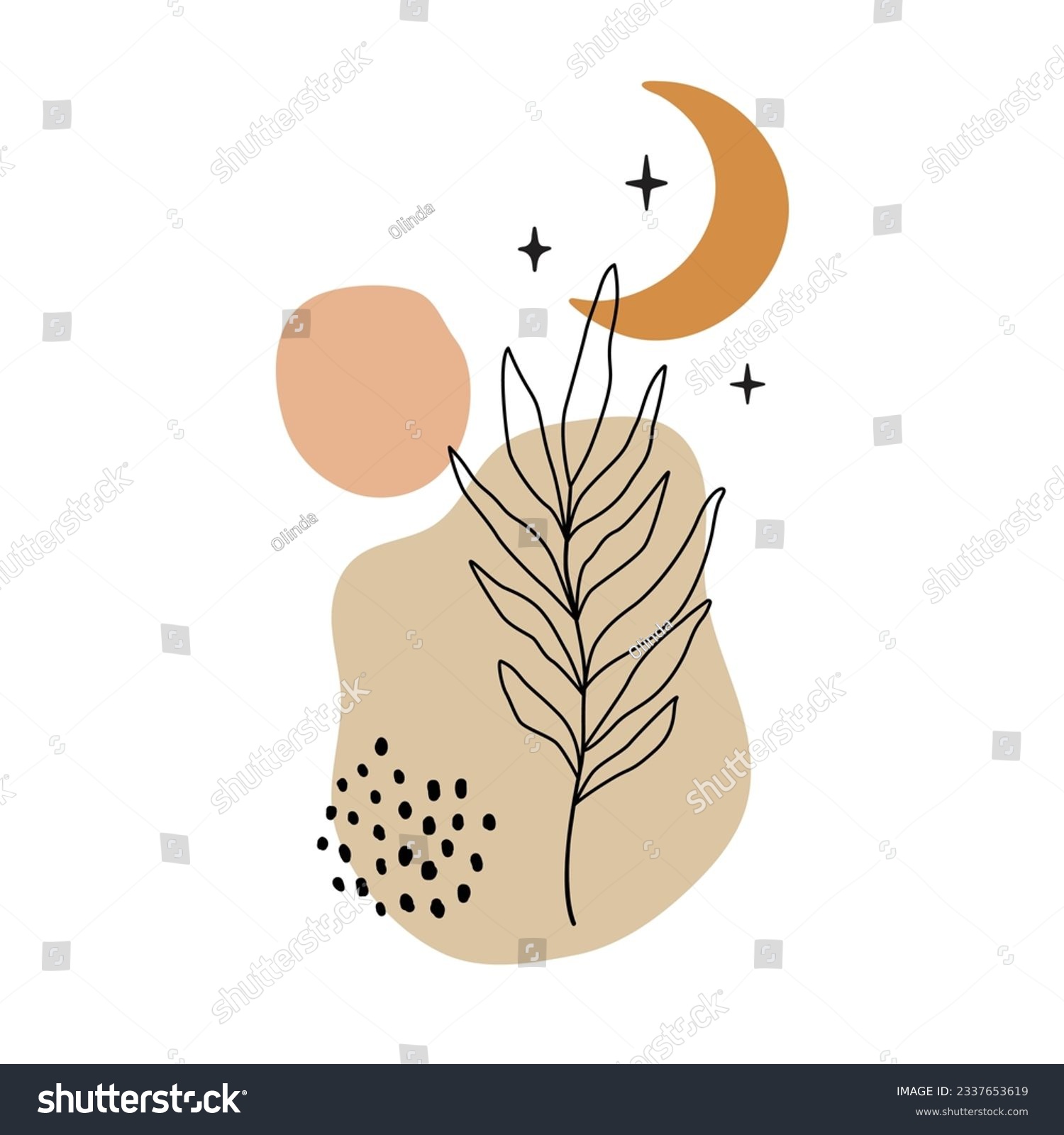 SVG of Vector illustration of crescent moon moon with stars sun plant. Design element for logos icons. Modern Boho style doodle art svg