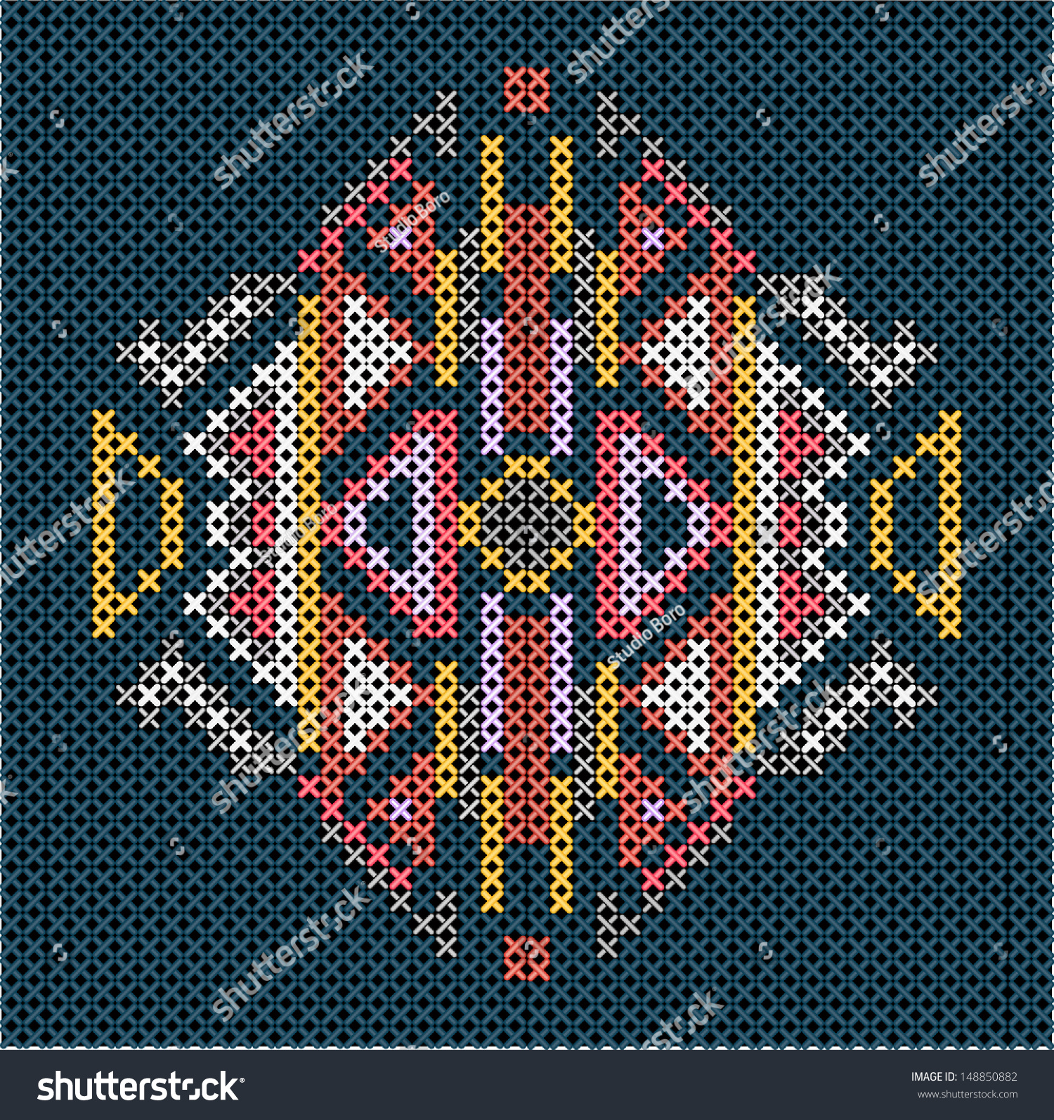 Vector Illustration Crossstitch Ornament On Blue Stock Vector 148850882 ...