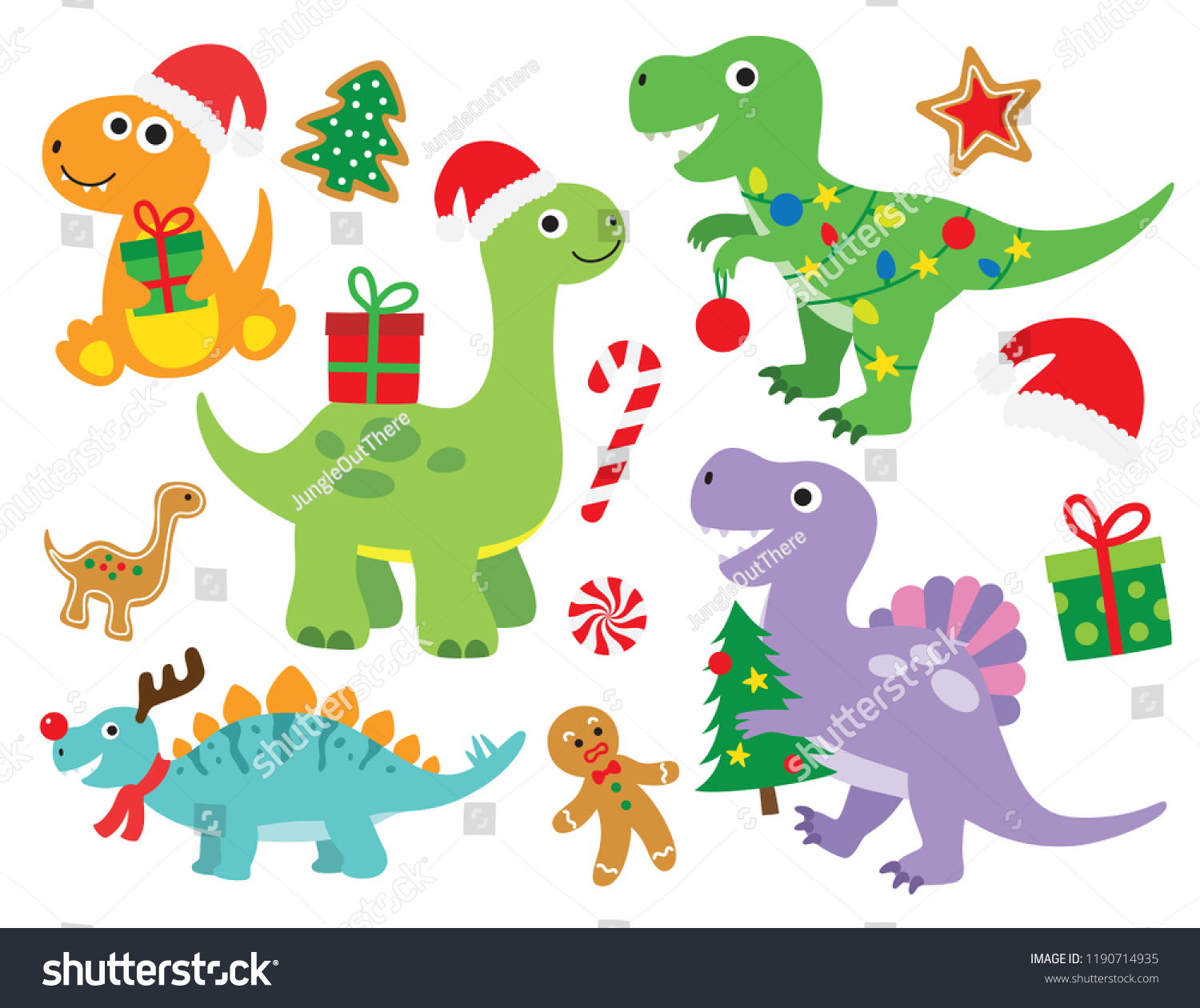 かわいいクリスマスホリデー恐竜セットのベクターイラスト クリスマスライトと贈り物を持つ恐竜 サンタハットを着た可愛い恐竜 のベクター画像素材 ロイヤリティフリー