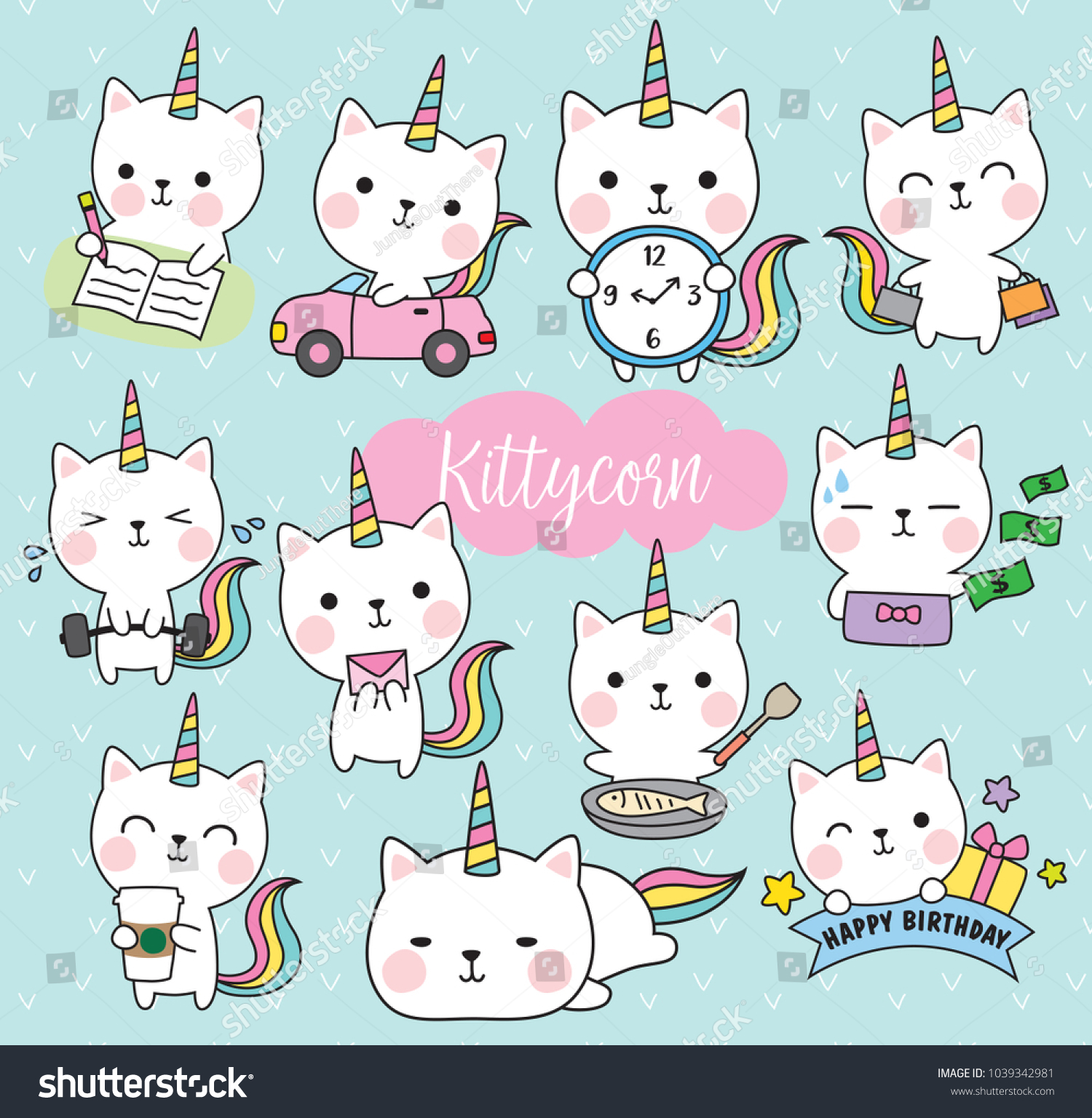 SVG of Vector illustration of cute white cat unicorn or caticorn life activity planner including working, shopping, cooking, driving, working out, etc. svg