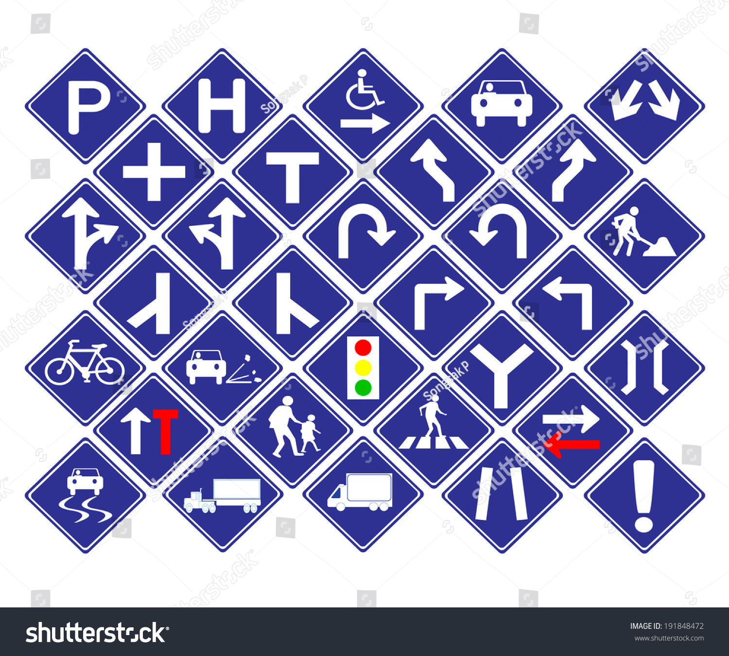 Vector Illustration Of Diamond Shape Blue Road Signs Collection ...