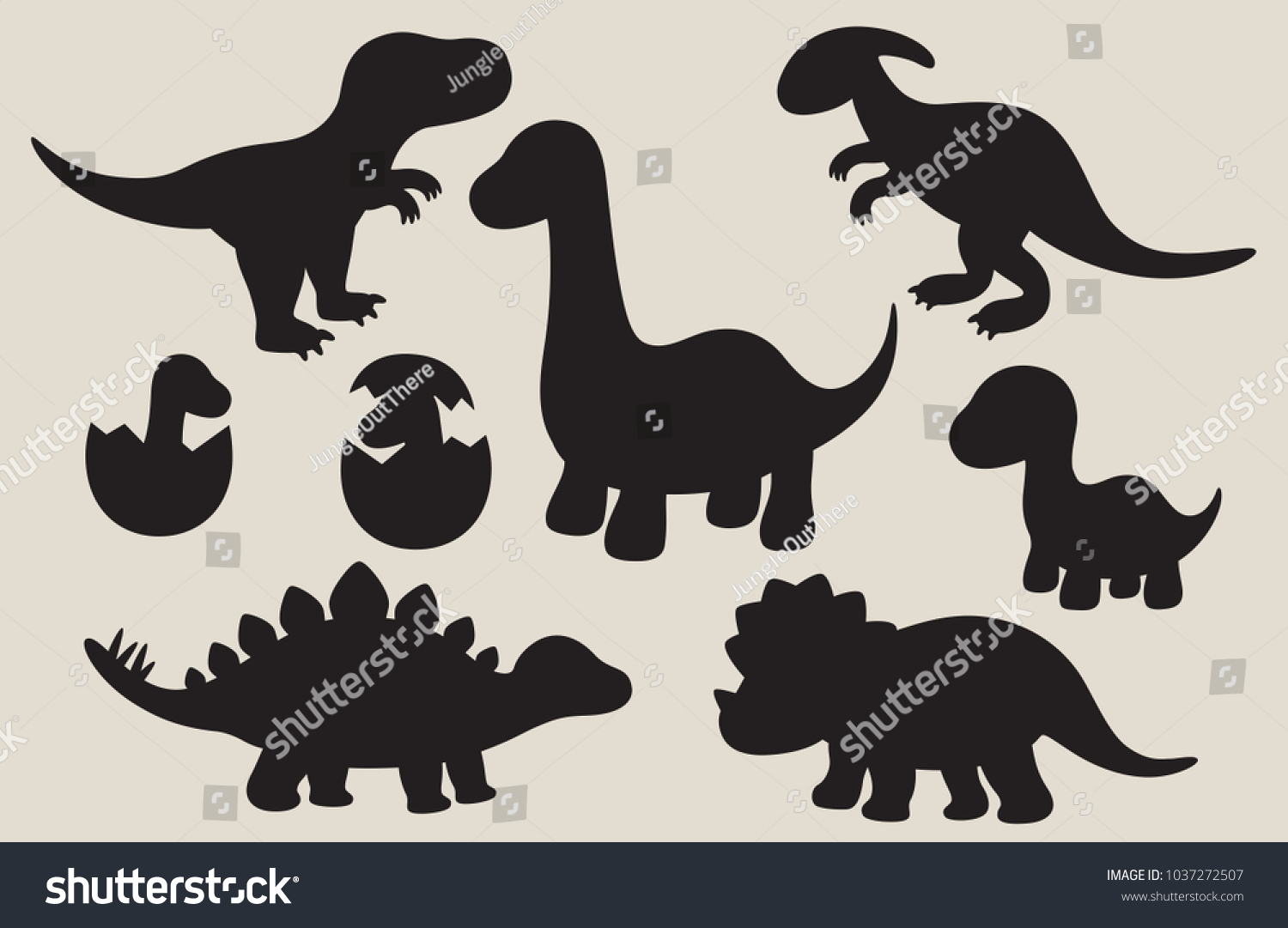 SVG of Vector illustration of dinosaur silhouette including Stegosaurus, Brontosaurus, Velociraptor, Triceratops, Tyrannosaurus rex, and Spinosaurus. svg