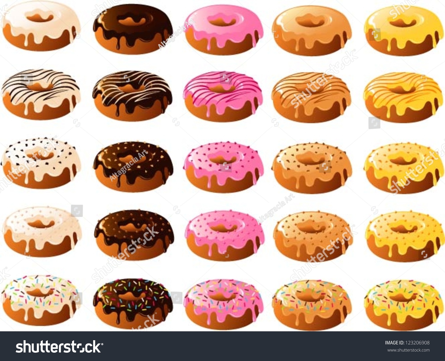 SVG of Vector illustration of donuts with various frostings and toppings. svg
