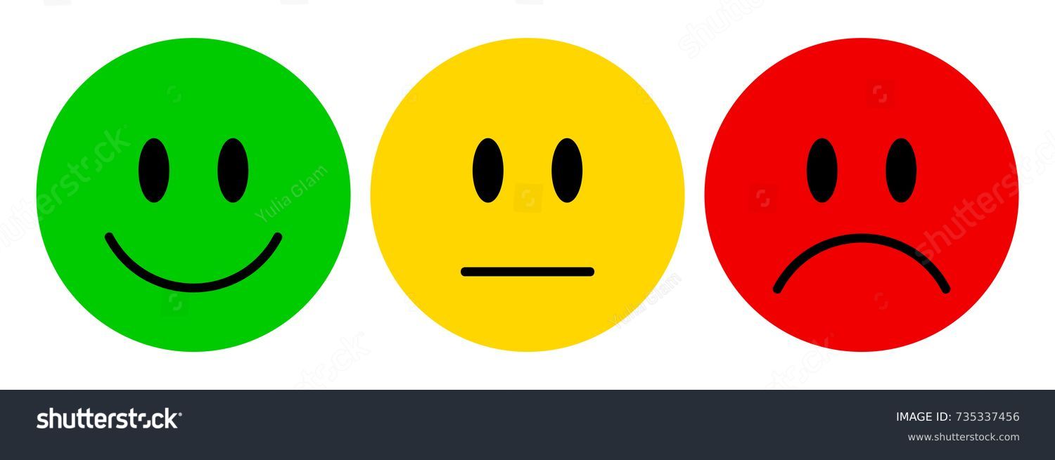 顔の表情のベクターイラスト スマイルアイコンセット 顔文字は 正 中立 負 赤 黄 緑の異なるムード 顧客の意見に対する評価の微笑 のベクター画像素材 ロイヤリティフリー