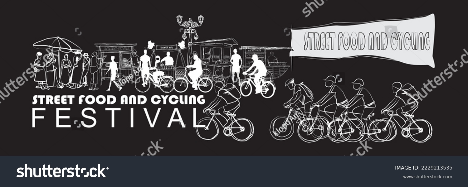 SVG of Vector illustration of Festival of street vendors and cyclists on a busy pedestrian street. Tasty meatballs = delicious meatballs, Chicken satay = chicken satay, Dawet ayu = Central Javanese tradition svg