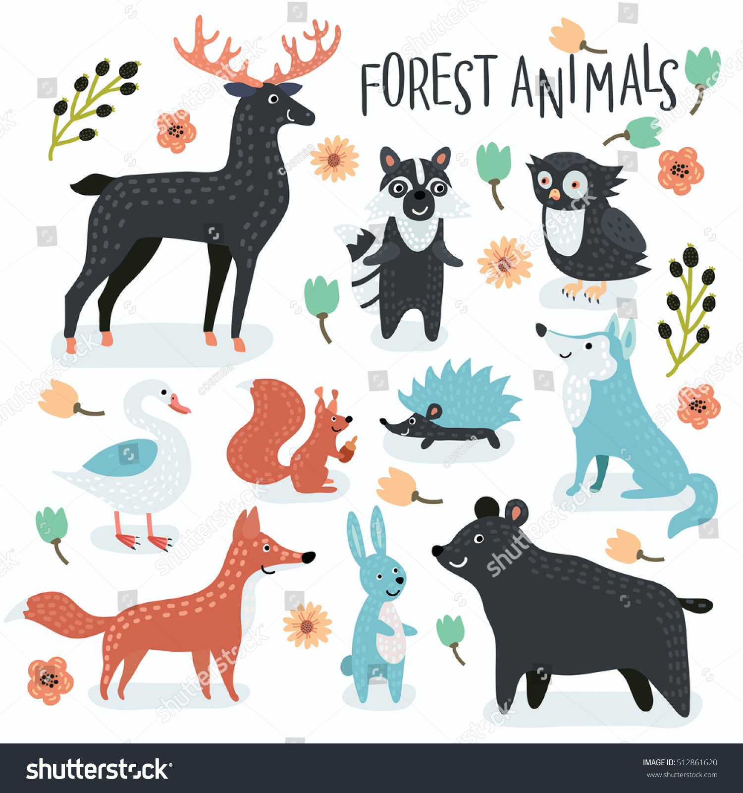 Vector Illustration Of Forest Funny Cartoon Animals Set In Vintage ...