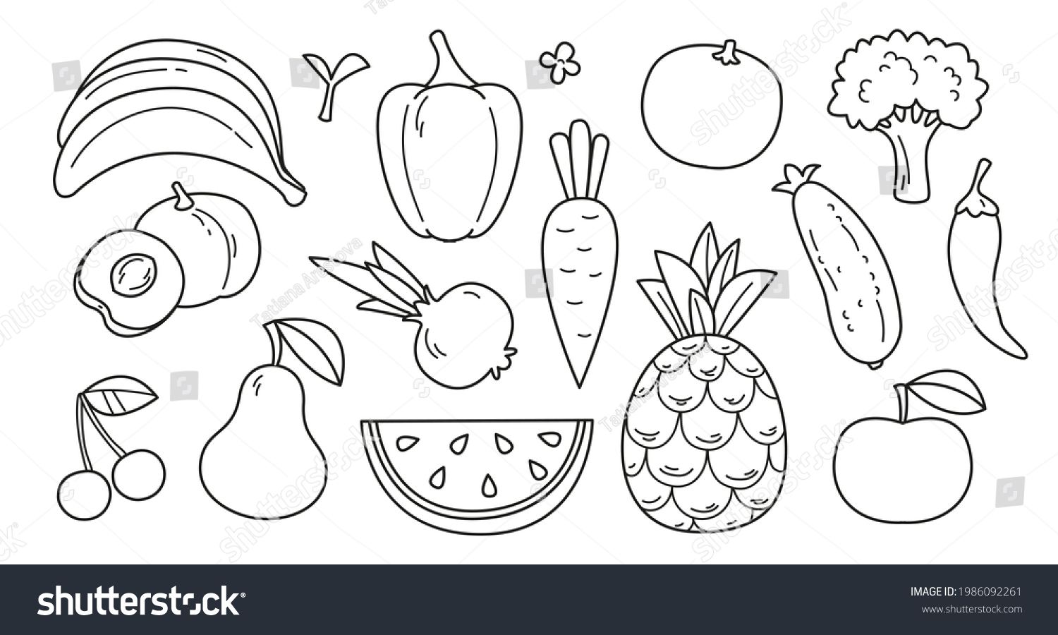 Vector Illustration Fruits Vegetables Black Lines Stock Vector (Royalty ...