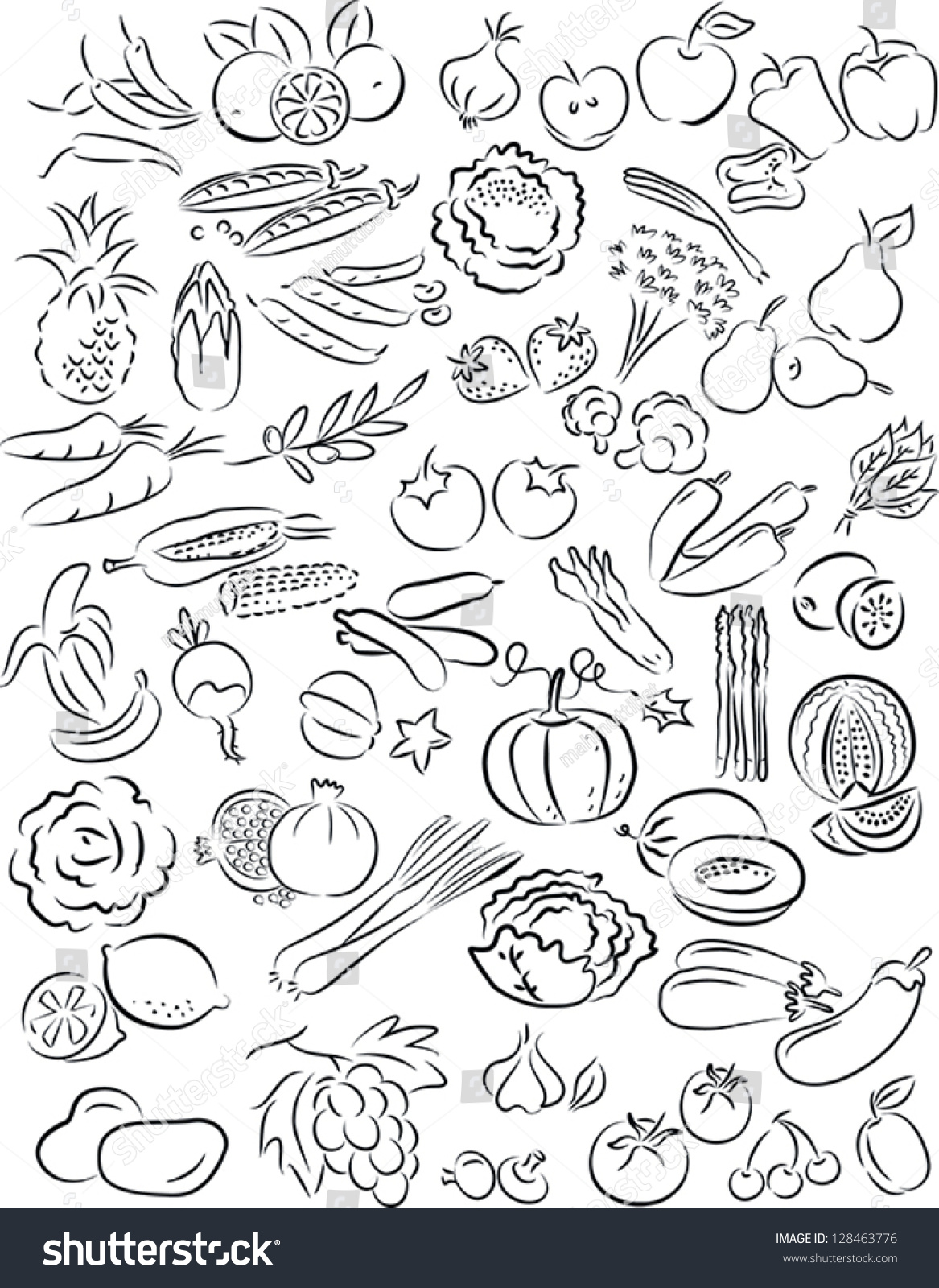 Vector Illustration Of Fruits And Vegetables Set In Line Art Mode ...