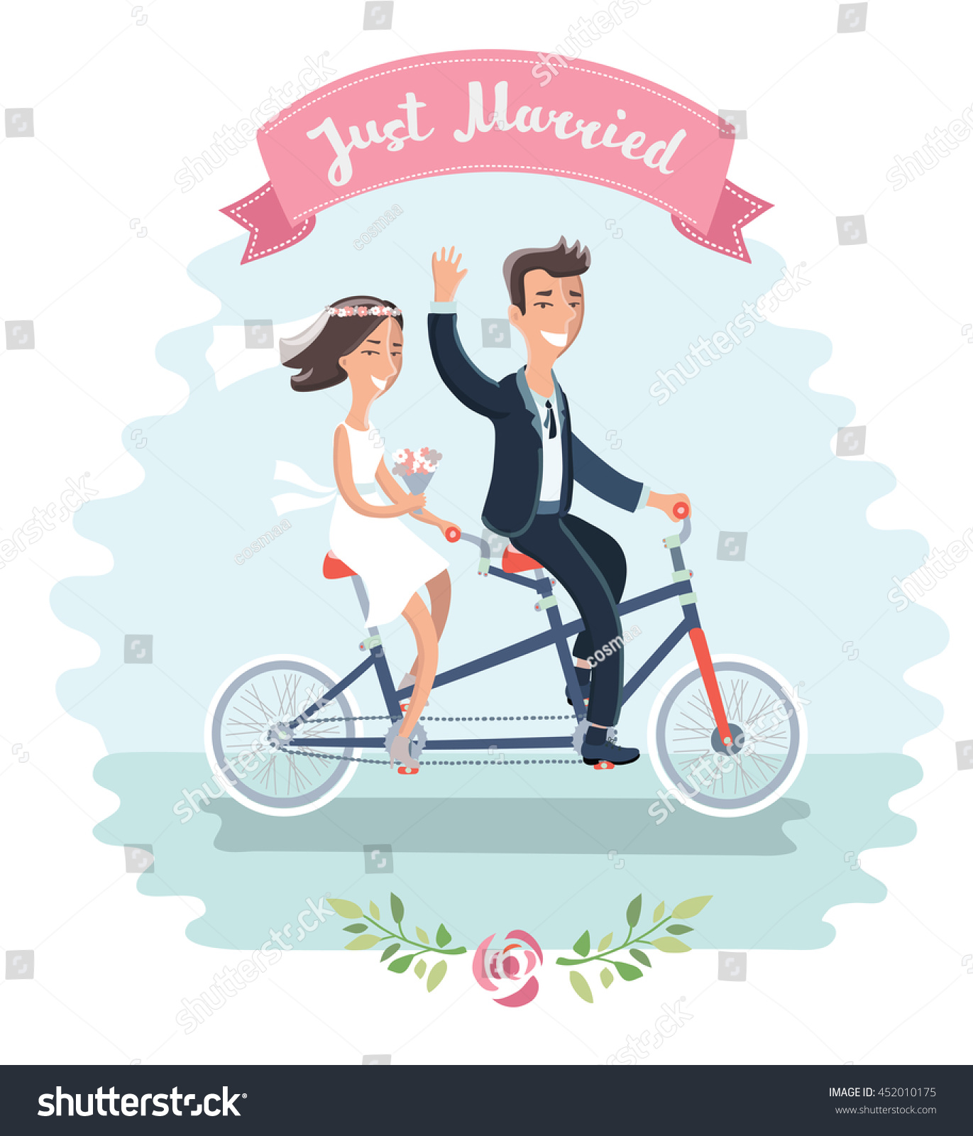 おかしな漫画のカップルのベクターイラスト 結婚式の時に2人で自転車に乗る新郎新婦は ピンクのリボンで結婚した言葉の手書きの文字を書きます のベクター画像素材 ロイヤリティフリー