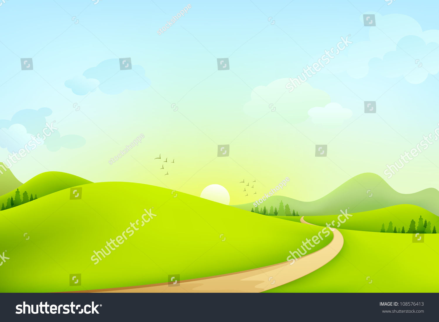 Vector Illustration Green Landscape Sunny Morning Stock Vector ...