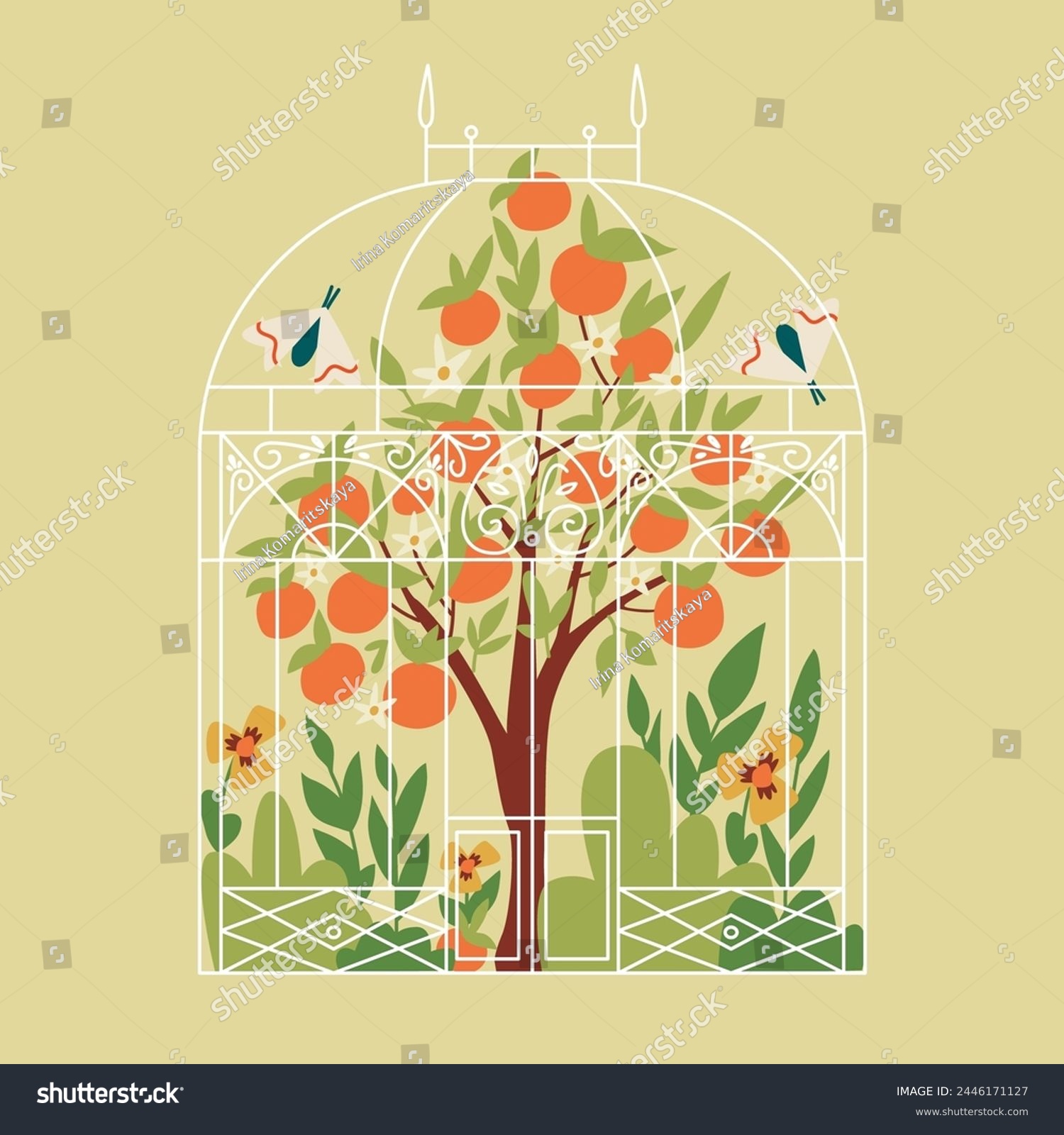 SVG of Vector illustration of greenhouse with orange tree. Garden and glasshouse. svg
