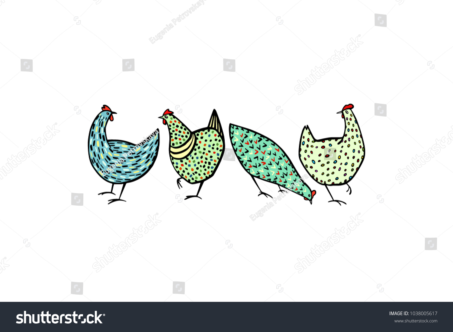 Vector Illustration Hand Drawn Chickens Beautiful Stock Vector (Royalty ...