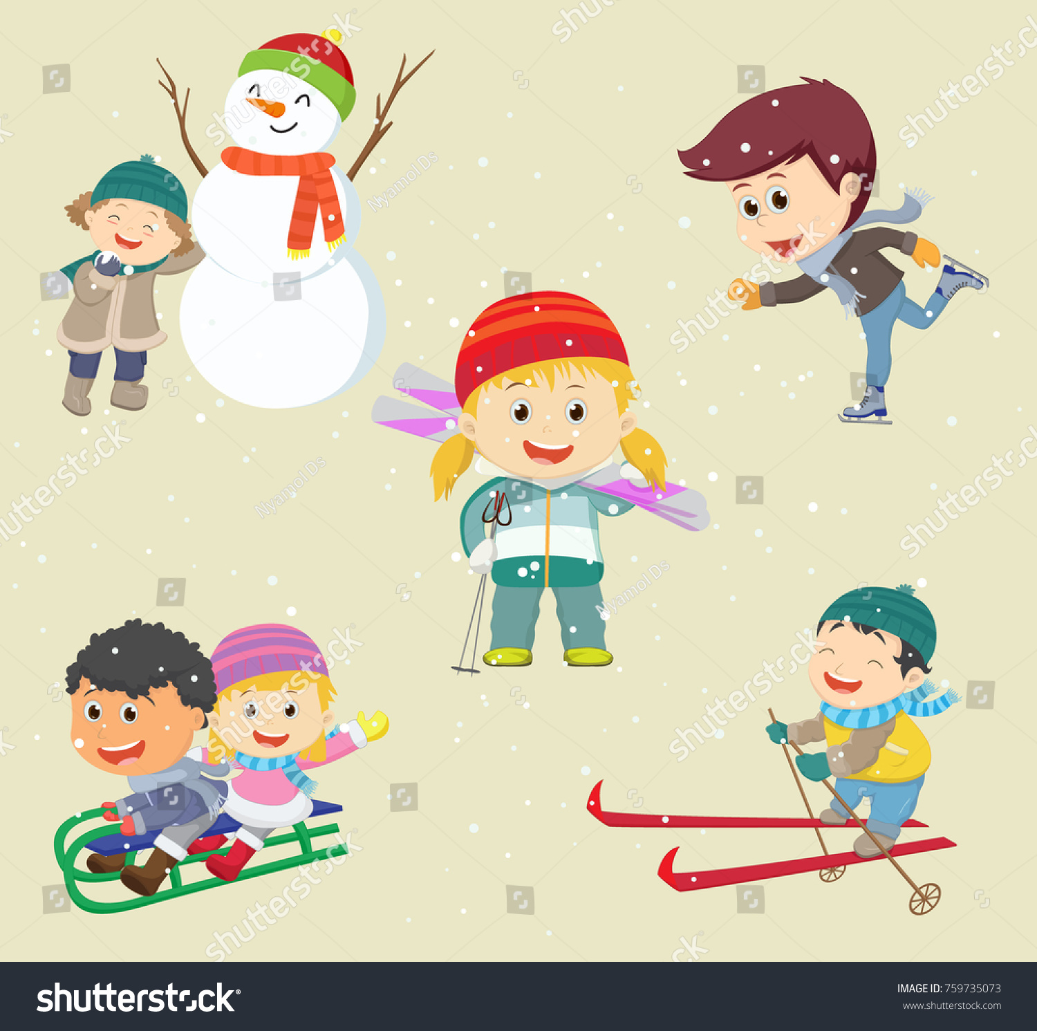 Vector Illustration Happy Kids Playing Snow Stock Vector (Royalty Free ...