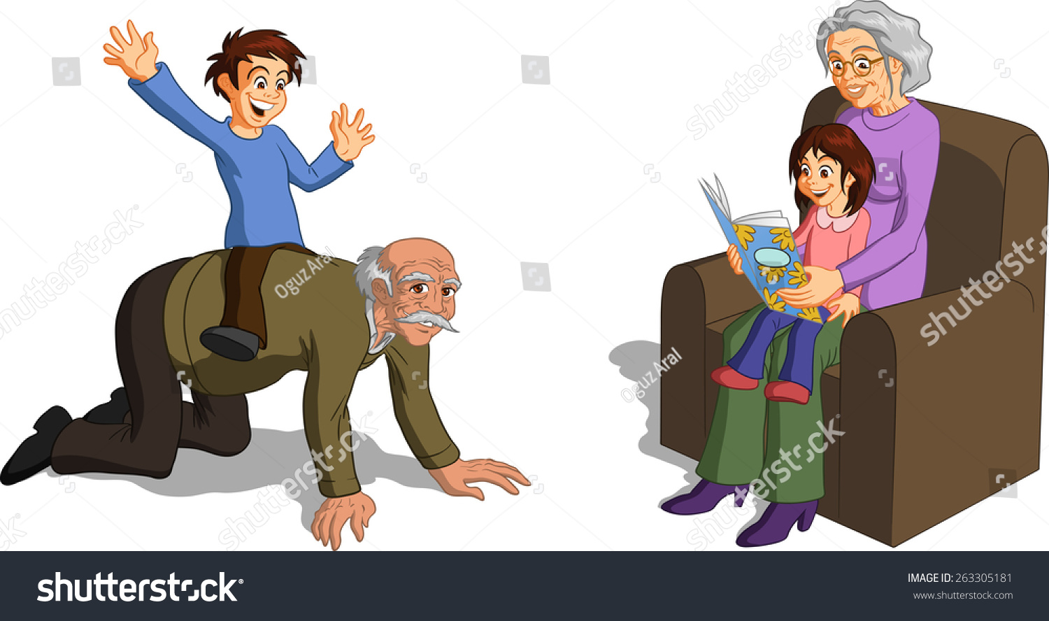 Vector Illustration Of Joyful Grandparents Spending Time With Their ...